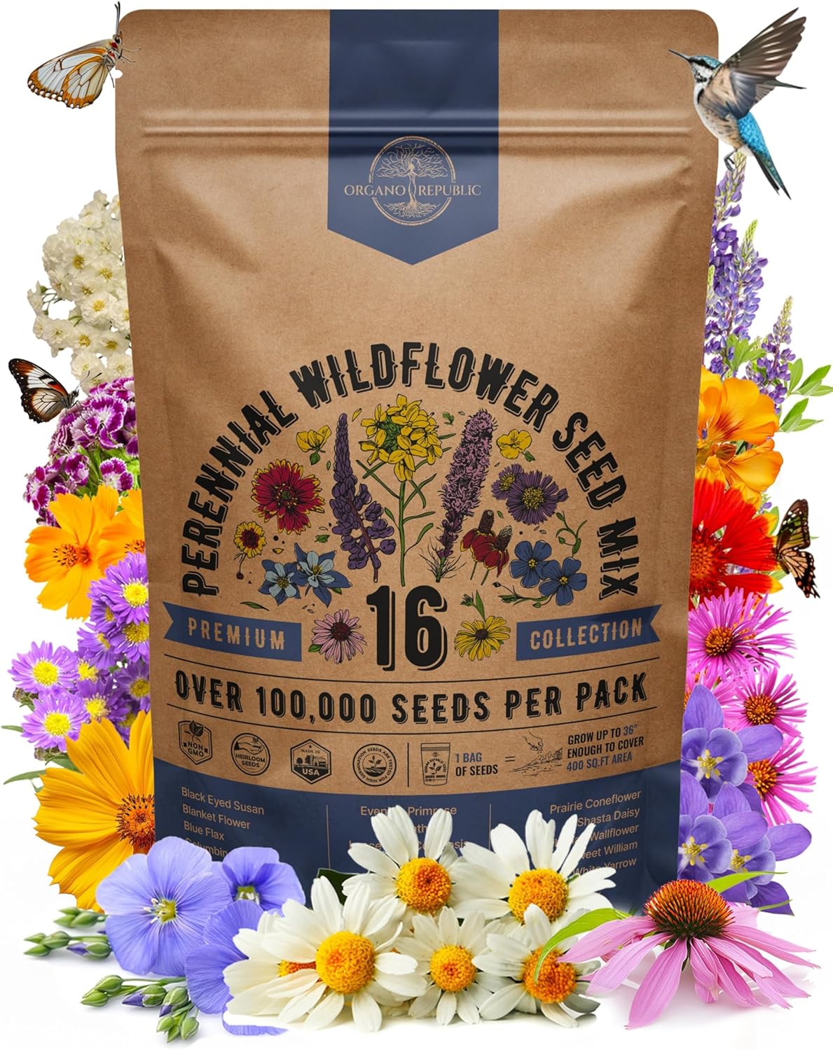 Organo Republic 16 Perennial Wildflower Seeds Mix for Indoor  Outdoors. 100,000+ Non-GMO, Heirloom Wildflower Garden Seeds, 4oz Packet for Growing Wild Flowers to Attract Bees, Butterflies  Birds