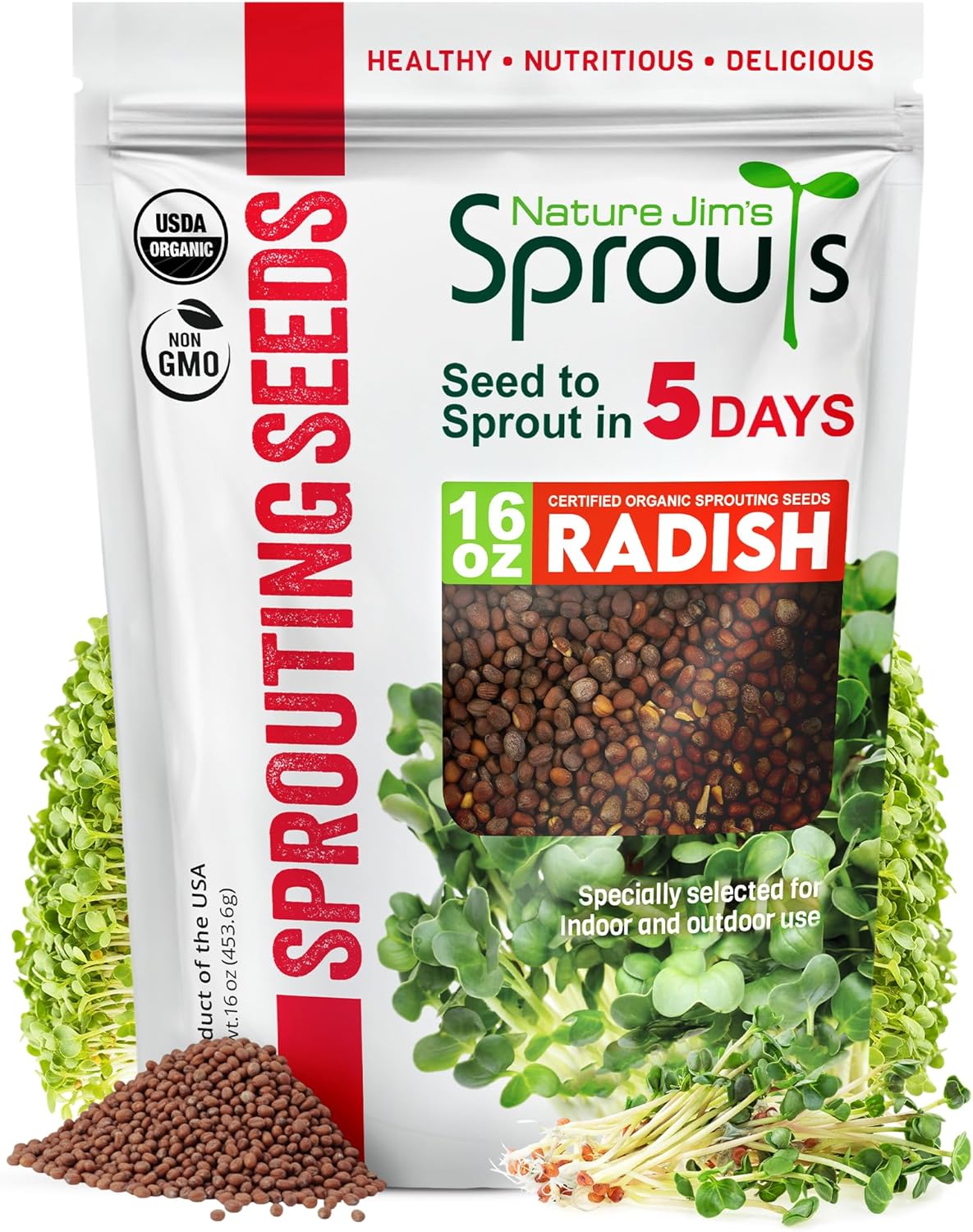 Nature Jims Organic Radish Sprout Seeds – 16 Ounce Premium Non-GMO Radish Seeds for Sprouting, Rich in Vitamins, Minerals, Fiber  Protein – Microgreen  Sprout Seeds for Home Growing
