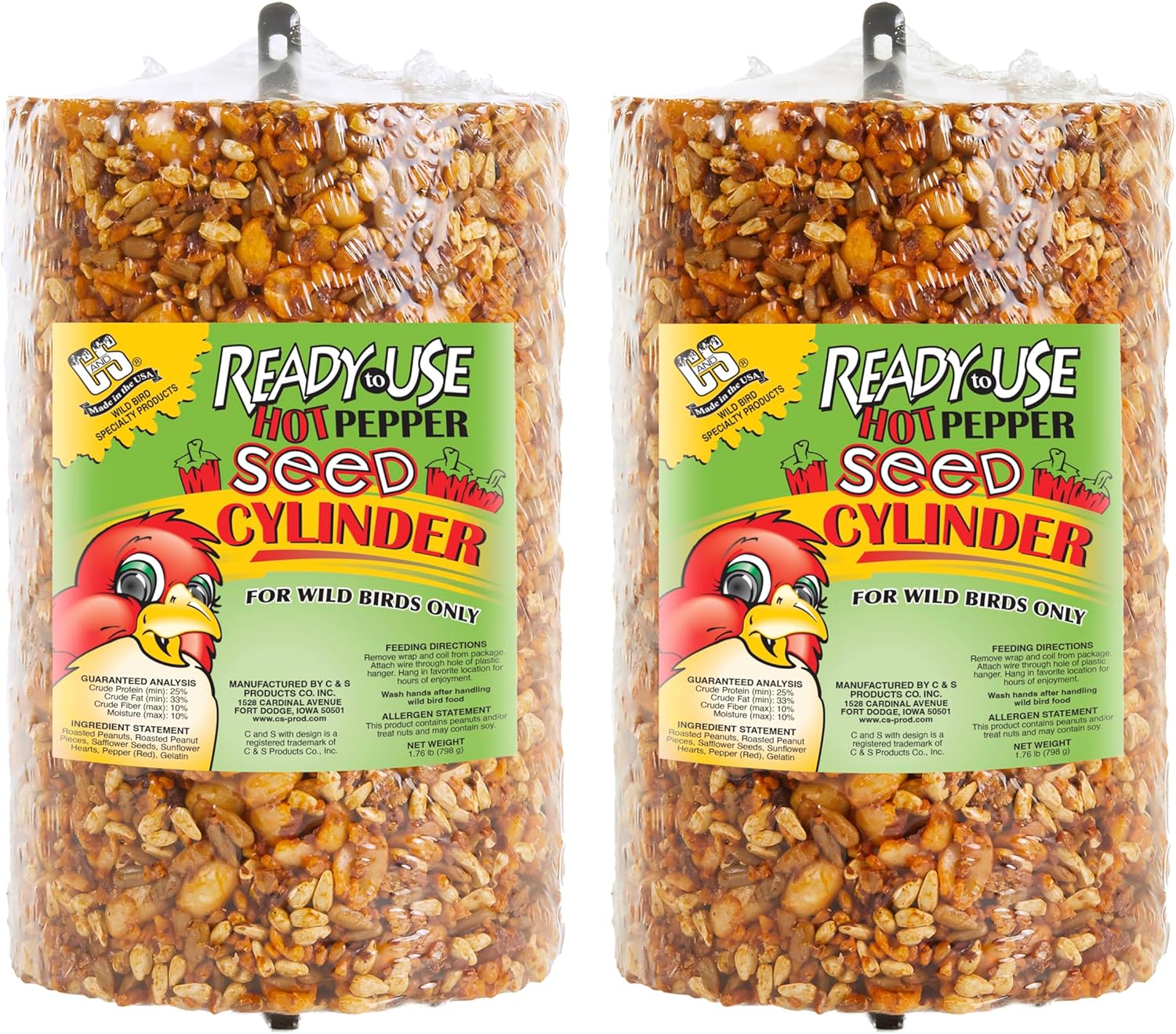 CS Ready to Use Hot Pepper Bird Seed Cylinder, Spicy Wild Bird Outdoor Feeder with Hanger, 1.76 Pound Cylinder, 2 Pack