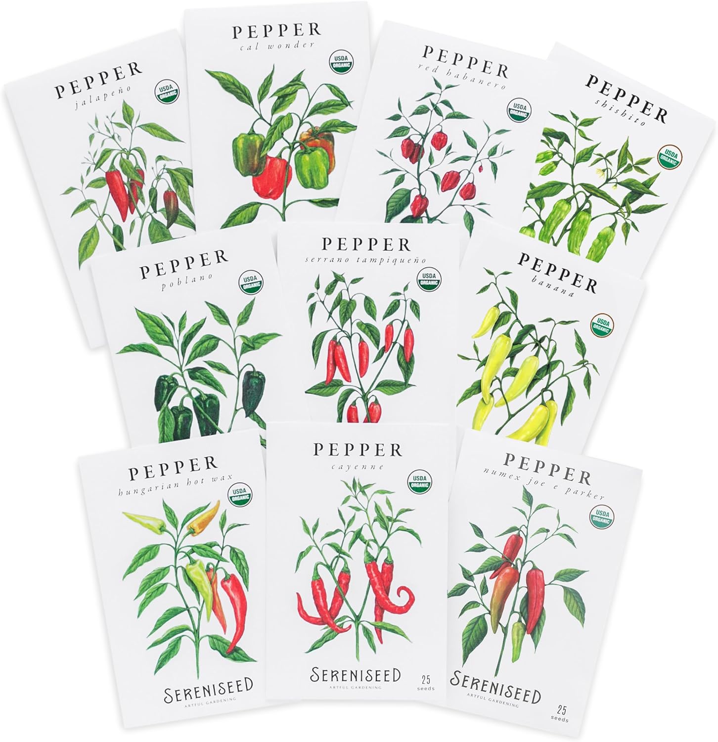 Sereniseed Certified Organic Hot Pepper Seeds (10-Pack) – Non GMO, Open Pollinated – Jalapeño, Cal Wonder, Banana, Serrano, Shishito, Red Habanero, Poblano, Cayenne and More(10-Pack)