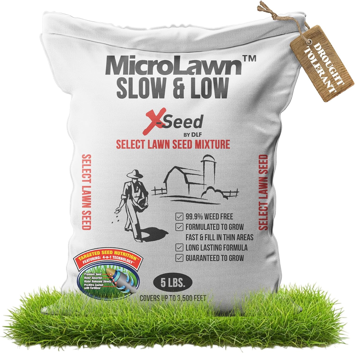 X-Seed Micro-Lawn Slow  Low Grass Seed for Cool Season Lawns, No Mow Natural Areas, Sun to Full Shade, Slow and Low Growing Micro Clover, Creeping Red Fescue, Intermediate Ryegrass, Starter Bag, 5LB