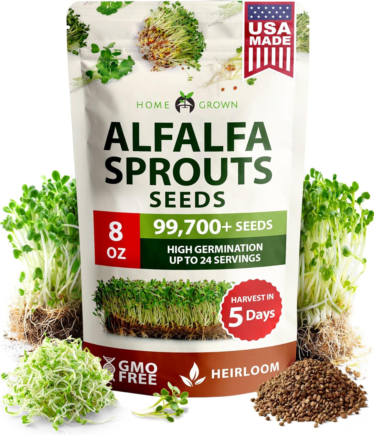 HOME GROWN Alfalfa Sprout Seeds 8 oz Bulk Heirloom Non-GMO, USA Sourced, High Germination, Fast Growing Microgreens, Nutrient Dense Sprouting Seeds for Sandwiches  Salads, Indoor Garden