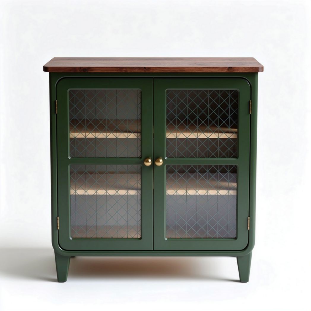 Green Vintage Style Storage Cabinet for Living Room – Wood and Glass – 90 x 40 x 90cm