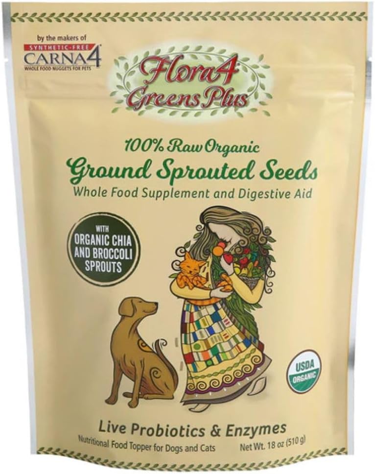 CARNA4 Flora4 Sprouted Seeds Food Topper for Dogs  Cats, Greens Plus Blend with Broccoli  Chia, Rich in Natural Probiotics  Digestive Enzymes, Synthetic-Free Whole Food Supplement 18oz