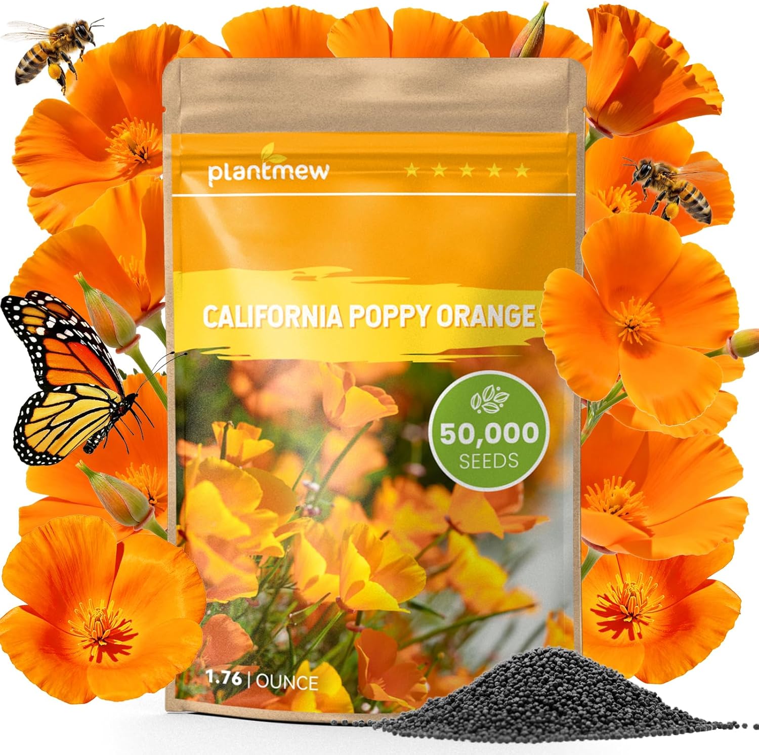 California Poppy Seeds for Planting, Orange Poppy Flower Seeds, Bulk 50,000+ Seeds (1.76 oz), Easy to Grow, California State Flower for Garden