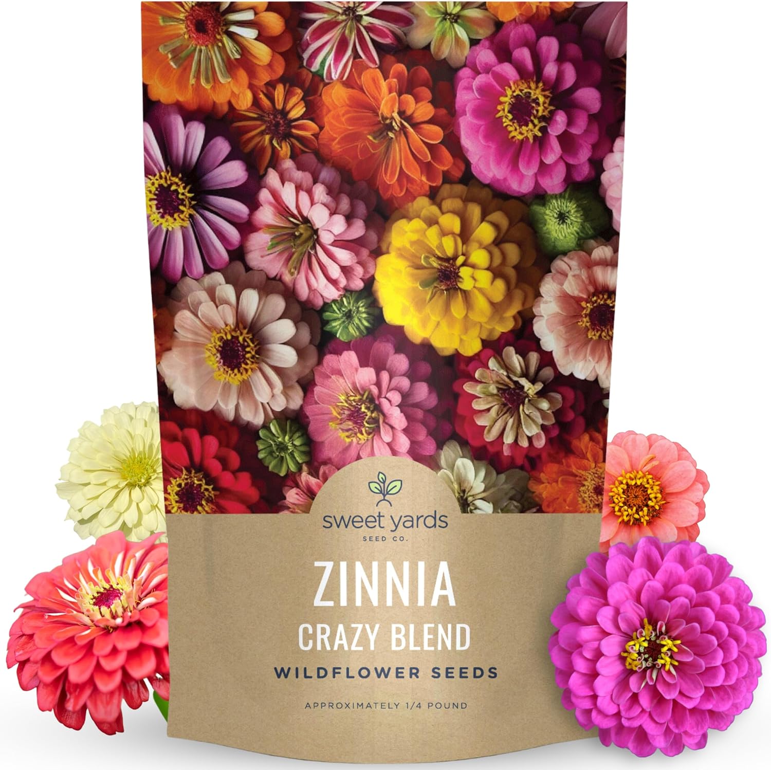 Zinnia Crazy Blend - Large 1 Ounce Packet - 4,000 Flower Seeds for Planting - Zinnia elegans(1/4 Pound Bag (15,000 Seeds))