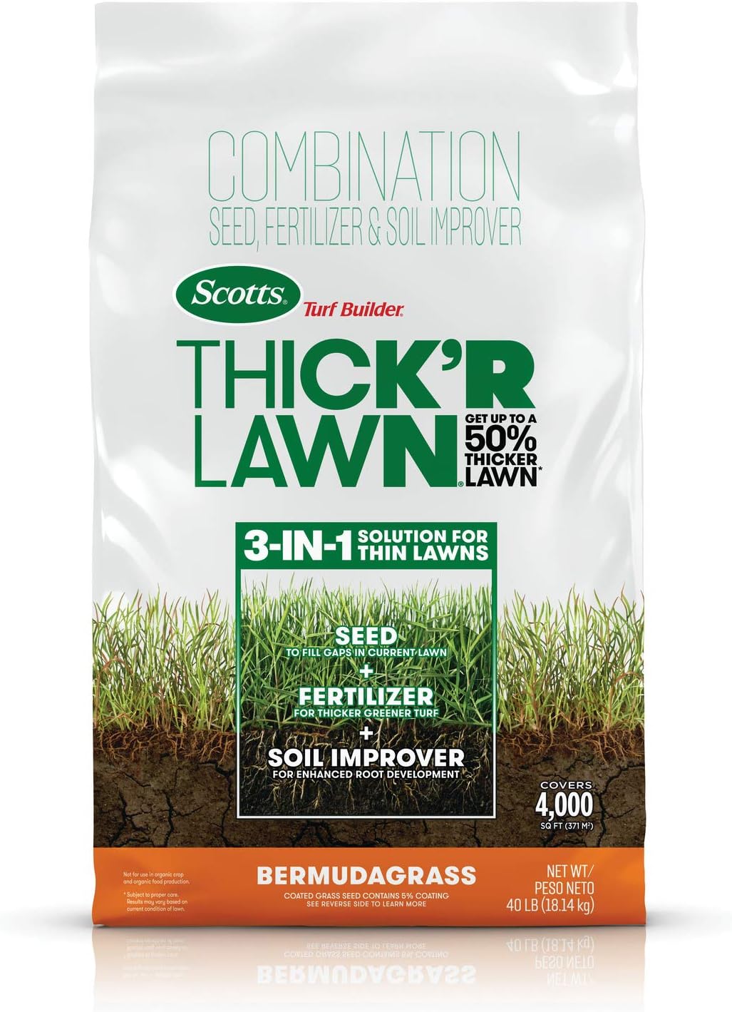 Scotts Turf Builder Thick'R Lawn Bermudagrass - Covers 1,200 sq. ft., Combination Seed, Fertilizer and Soil Improver, Fill and Repair Gaps in Thin Lawns and Enhance Root Development, 12 lb.(40 lb./Thick'R Lawn)