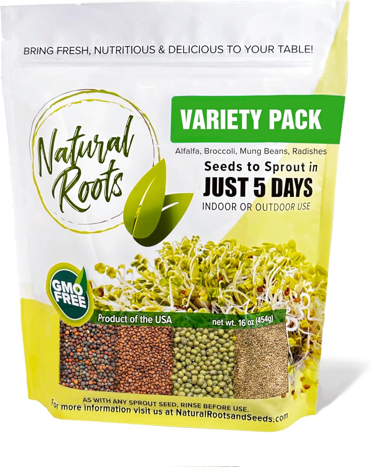 Variety Pack Sprouting Seeds. One Pound. Includes one Pack of Broccoli, Alfalfa, Radish  Mung Beans. for Sprouts and Microgreens. Non-GMO. Seeds for Jar or Trays. Each Pack is a Quarter Pound