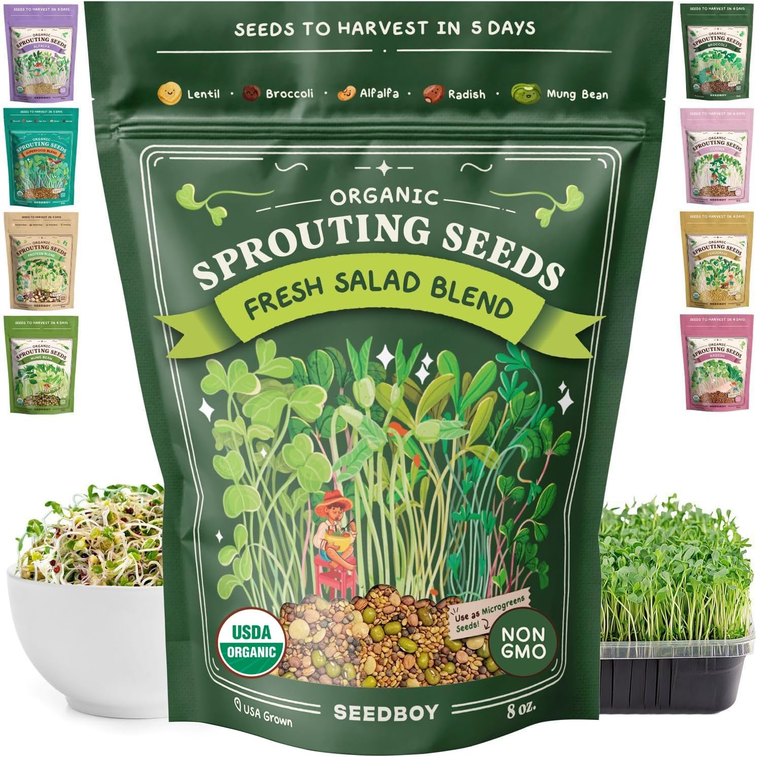 Seedboy Organic Non-GMO Sprouting Seeds, Fresh Salad Blend - USA Grown Microgreens Mix with Alfalfa, Broccoli, Radish, Mung Bean  Lentil - 8 oz Bag Makes 8 Quarts / 32 Servings (Salad Blend)