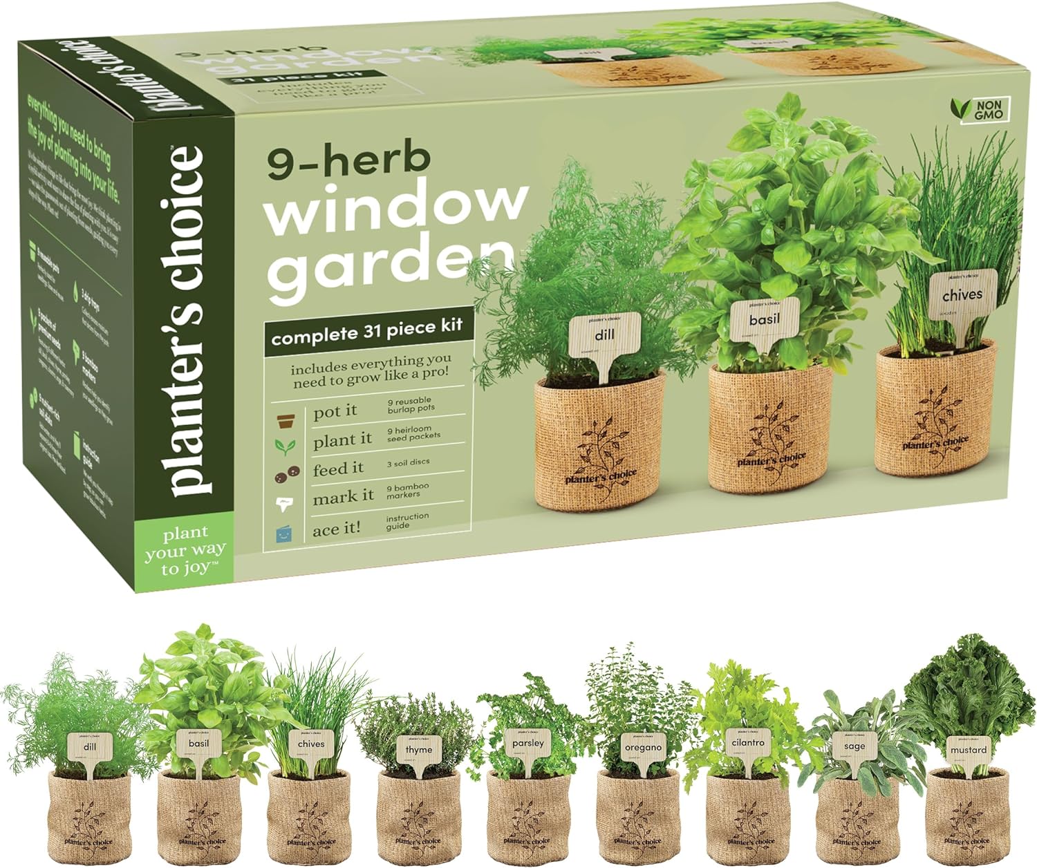 Planters' Choice 9 Herb Indoor Window Garden Kit - Birthday Gifts - House Plants Seeds - Best Unique Gift Ideas for Women, Mom, Friend, Her, Housewarming, Mother - Live Plant Starter, Gardening Lovers