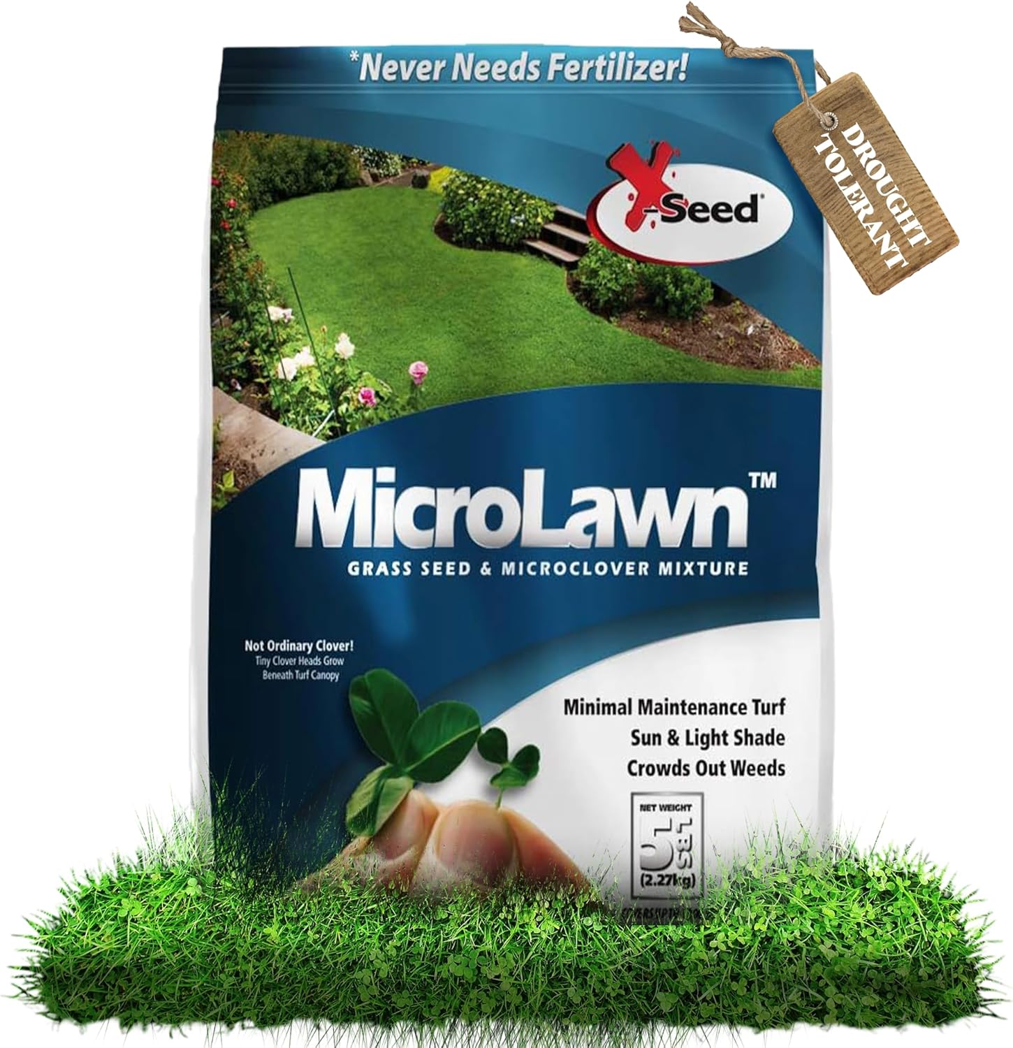 X-Seed Microlawn Grass Seed  Microclover Mix – Dense Self Feeding Lawn, Sun  Shade, Crowds Out Weeds, High Traffic, Drought-Resistant, 5 lb Bag