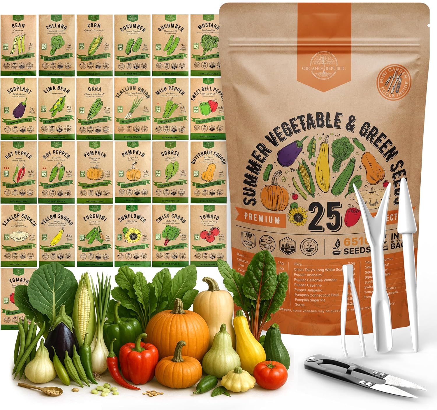25 Summer Vegetable  Fruit Seeds Variety Pack - 1,870+ Non-GMO Heirloom Veggie  Fruits Seeds for Outdoors and Indoor Home Gardening, Including Collards, Tomato, Pepper, Okra, Onion, Bean, Cucumber(Summer Vegetable Seeds/25 Summer Vegetable  Greens Seeds)