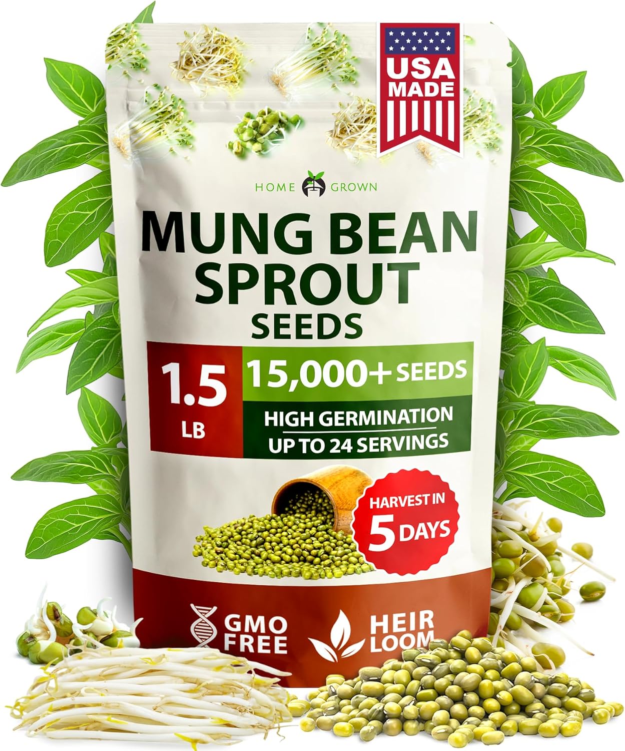 HOME GROWN Mung Beans Seeds Pack 1.5 lb Over 15,000 Sprouting Seeds Grow Fresh Bean Sprouts or Microgreens for Quick, Easy, Nutrient-Packed Food for Your Daily Meals (Vigna Radiata)