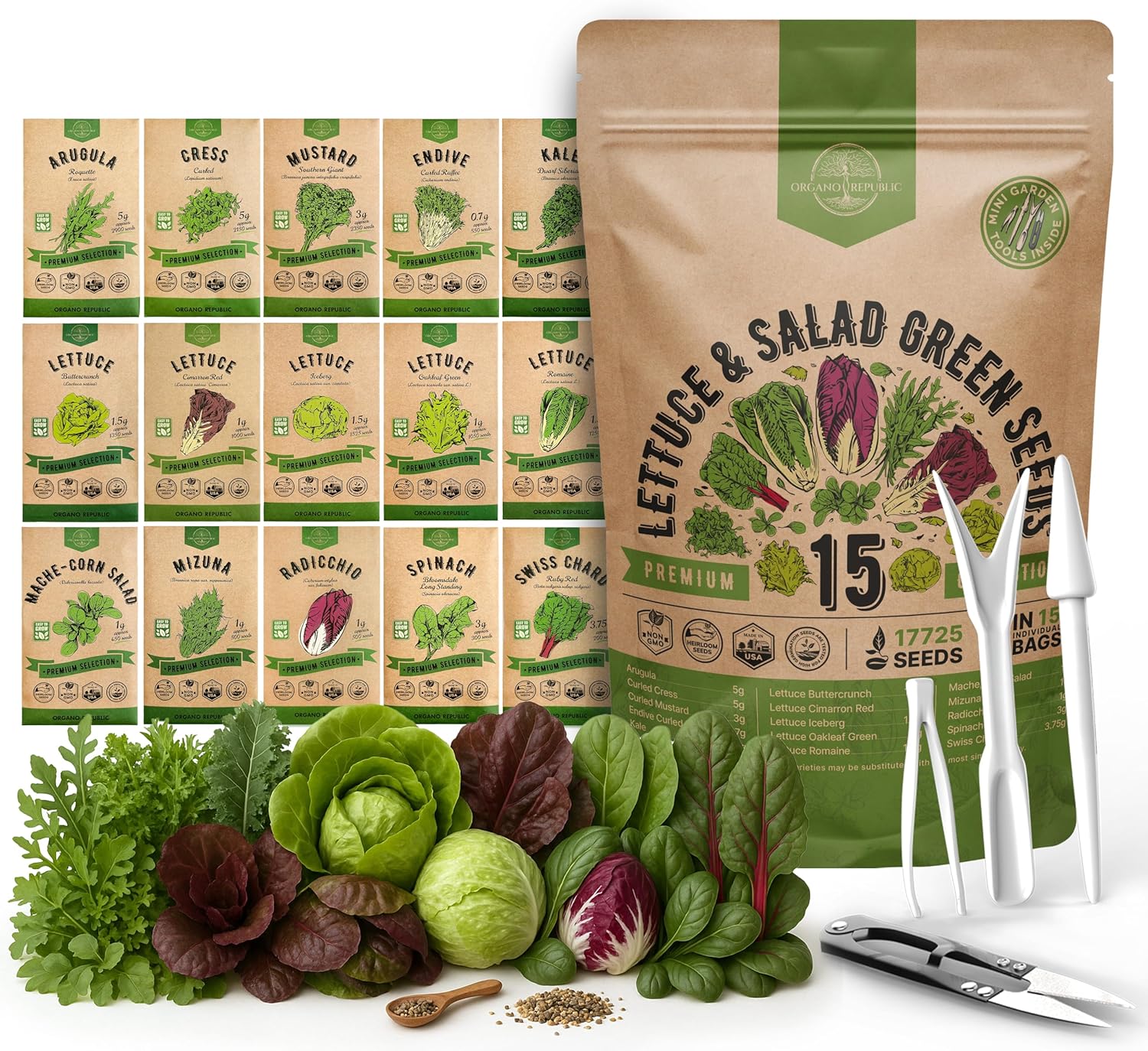 Organo Republic 22 Lettuce  Salad Greens Seeds Variety Pack 24,700+ Non-GMO Heirloom Lettuce Seeds for Indoor  Outdoor Garden, Hydroponic  Aeroponic - 2026 Season - Arugula, Spinach, Swiss Chard(15 Lettuce  Salad Greens Seeds)