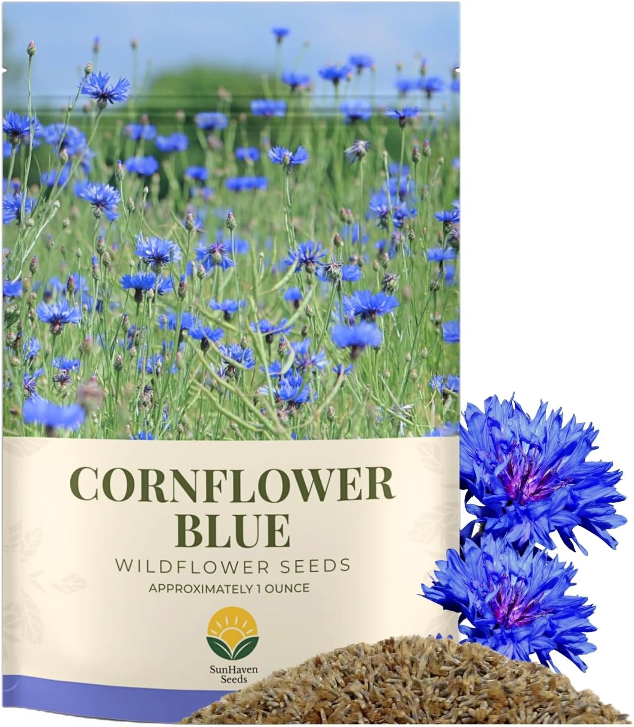 SunHaven Seeds Bachelor Button Seeds – Blue Cornflower – 5,500+ Seeds – 1 oz Bulk Extra Large Resealable Packet – Open-Pollinated Centaurea cyanus Wildflower Seeds