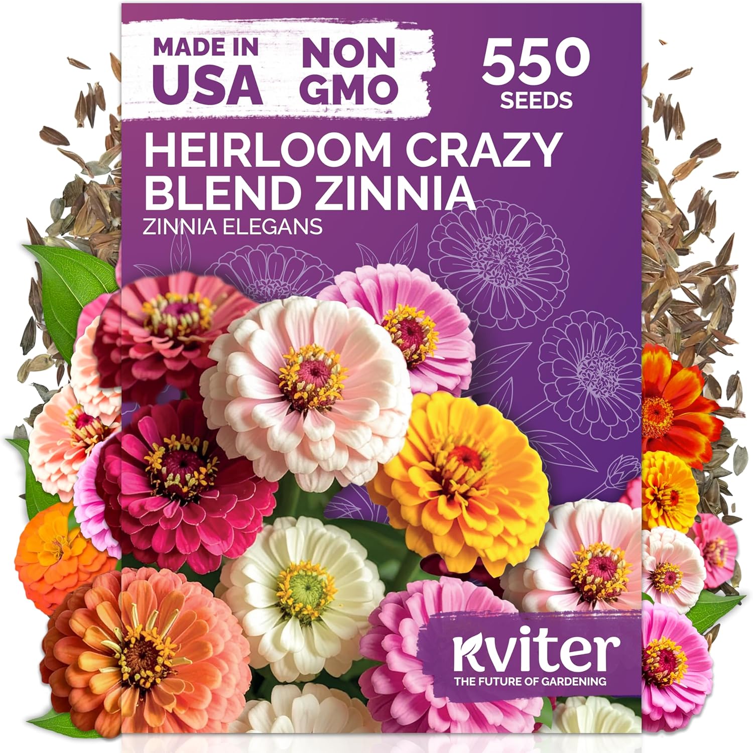 KVITER 550 Crazy Blend Zinnia Seeds for 2026 (Zinnia Elegans) – Double Zinnia Seed Mix, Heirloom Pollinator Magnet – Ideal Flower Seeds for Planting in Cutting Garden, Borders, Containers