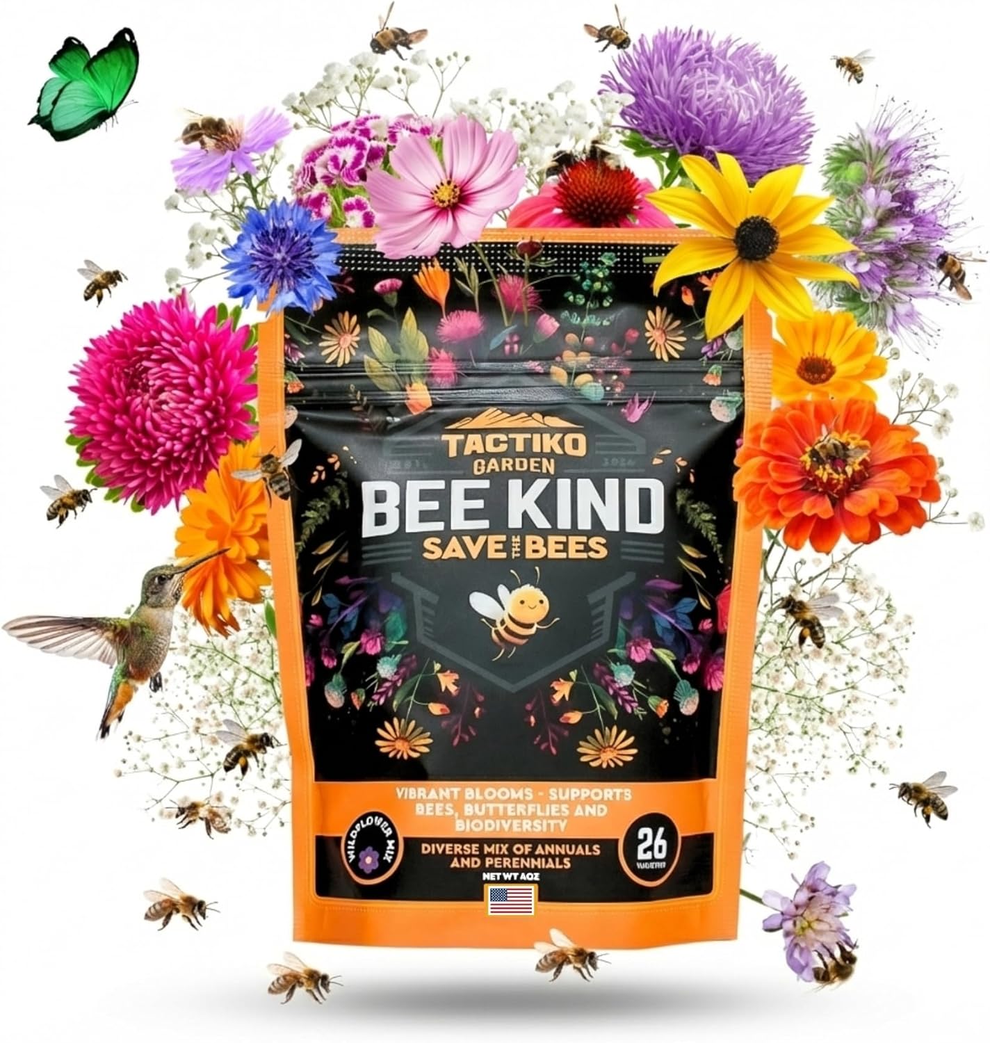 Tactiko Garden 26 Wildflower Seeds Mix, 120,000+ 4 oz Save the Bees Wildflower Garden Seeds, Annual  Perennial Pollinator Seeds to Attract Bees, Butterflies  Hummingbirds, Up to 600 sq ft Coverage