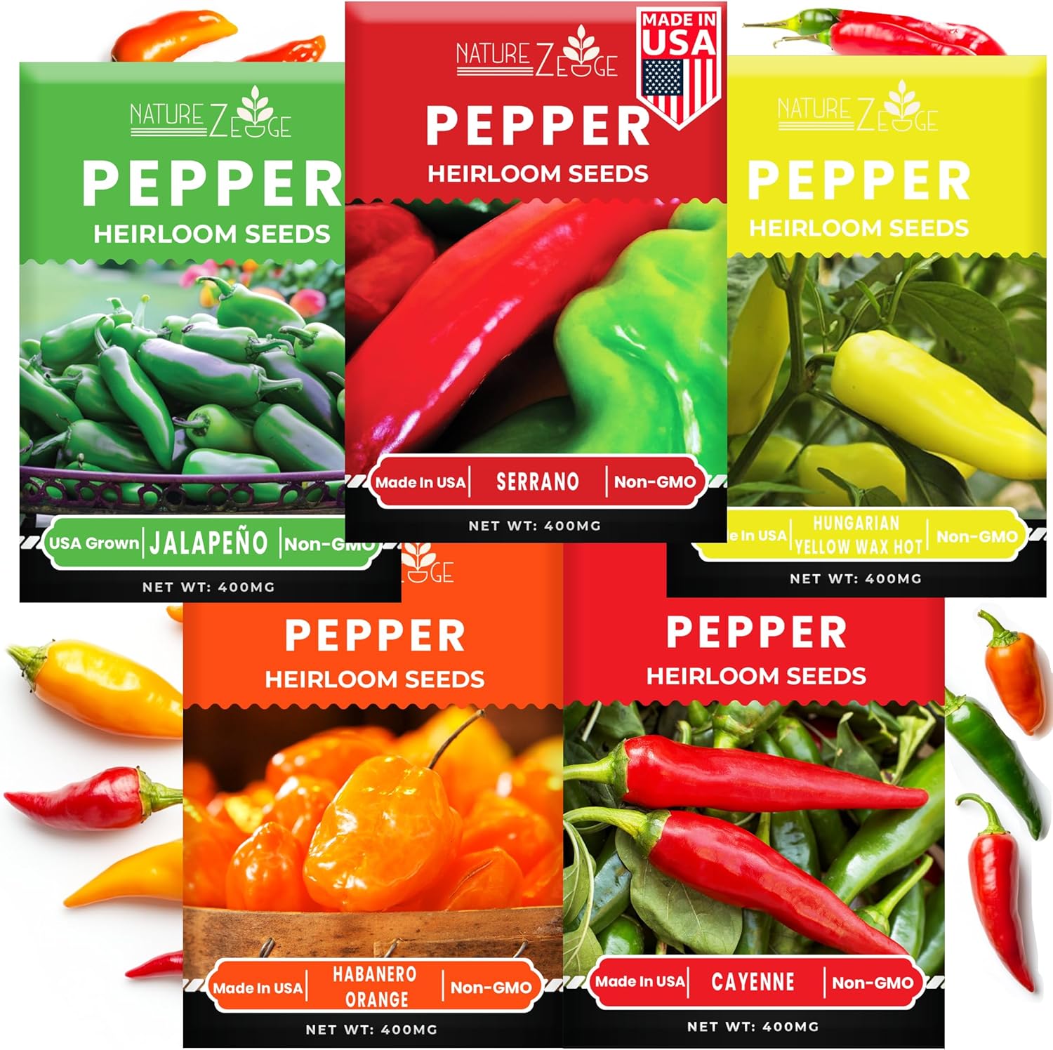Hot Pepper Seeds for Planting, Cayenne, Hungarian Yellow, Jalapeno, Serrano, Habanero Orange, Heirloom Pepper Seeds Variety Pack, NonGMO, Made in USA(Hot)