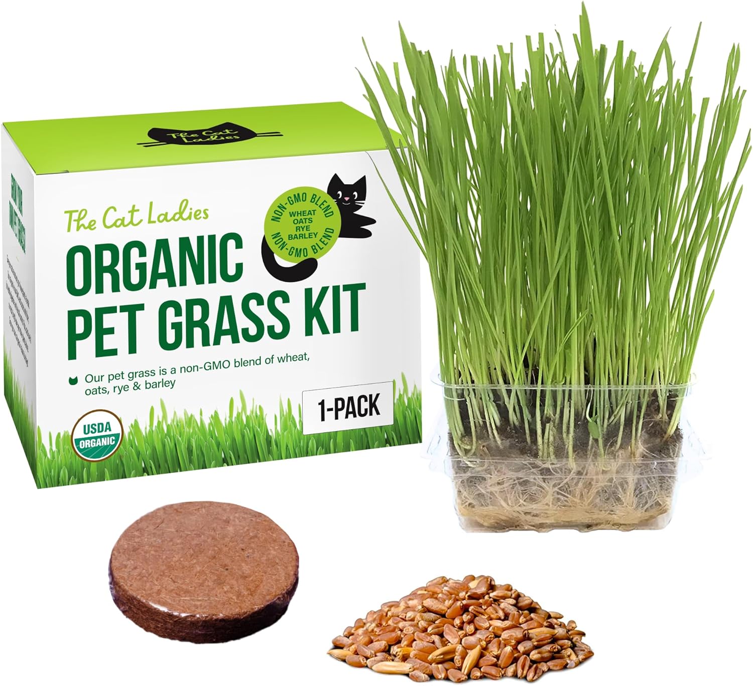 The Cat Ladies Cat Grass for Indoor Cats - Growing Kit - Organic Cat Grass Seeds, Soil and BPA Free Containers (Non GMO) - Locally Sourced Seeds! (3 Pack)(1 pack)
