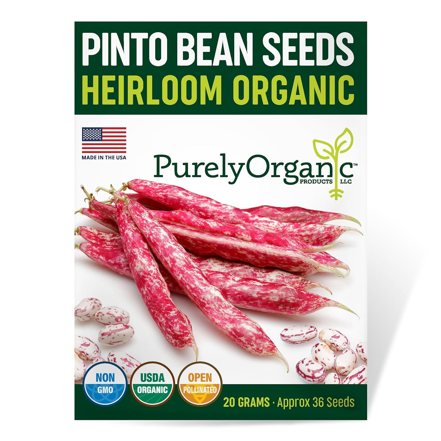 Purely Organic Pinto Bean Seeds - USDA Organic, Non-GMO, Open Pollinated, Heirloom, USA Origin (1 Packet - 20 Grams - Approx 36 Seeds)