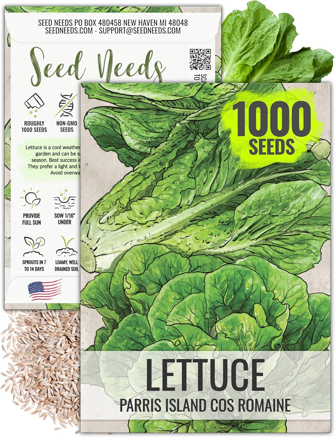 Seed Needs Romaine Lettuce Seeds for Planting Parris Island COS - Non-GMO Heirloom  Untreated Annual Cool Weather Crops - Grow a Home Grown Outdoor Vegetable Garden (1 Pack)(1 Pack)